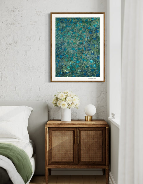 Blue Green Sardines is a Limited Edition Print by Seth B. Minkin with deep blues, emerald greens, and gold accents, vividly capturing each individual scale of each sardine in intricate detail.